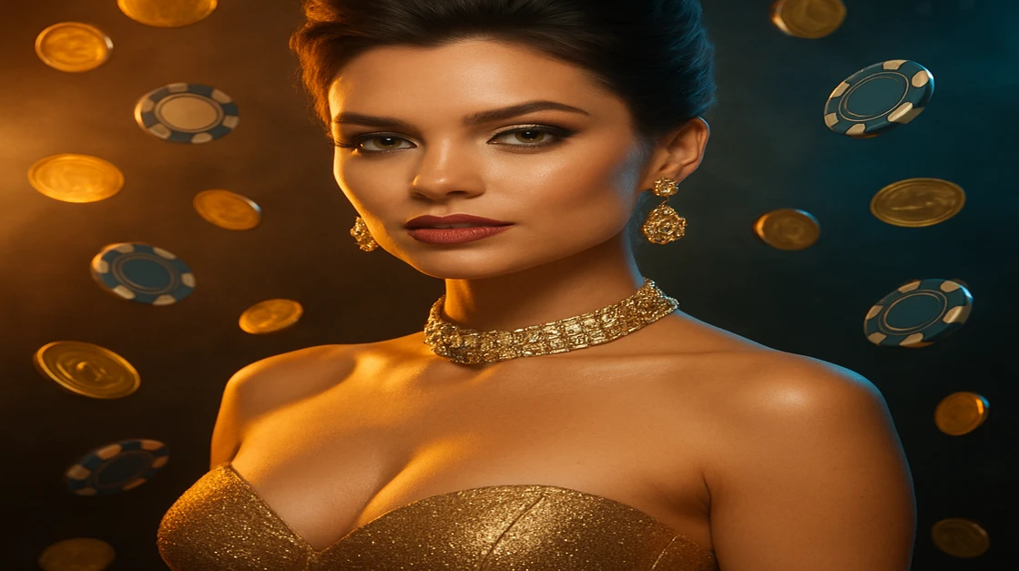 গোল্ড রঙের পোশাক ও জহর জড়ানো এক চমৎকার নারী, জ্বলজ্বল করা গেমিং প্ল্যাটফর্ম চিপে ঘিরে আছেন, এক আগুন-লগা গ্ল্যামার সেটিংয়ে। এই দৃশ্যটি a71 প্ল্যাটফর্মে উপস্থাপন করা হয়েছে।