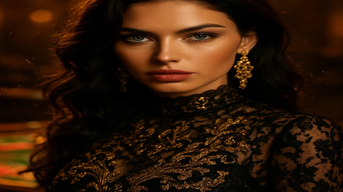 চকমকি অলংকারে পরিপূর্ণ কালো পোশাক পরা এক সুন্দরী নারী, a71 গেমিং প্ল্যাটফর্মের সামনে দাঁড়িয়ে এবং চারদিকে সোনালি ধূলা উড়ে যাচ্ছে।